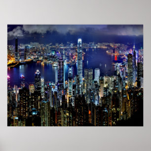 Póster Luzes da skyline da cidade de Hong Kong na noite