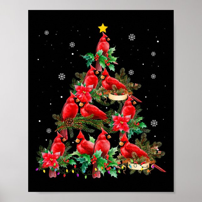 Poster Luzes de árvore de Natal vintage pássaros cardeais (Frente)