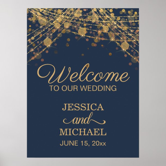 Poster Luzes de Corda Azul Marinho Douradas Casamento Bem (Frente)