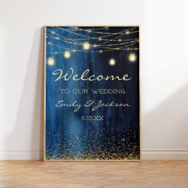 Poster Luzes de Corda Dourada Azul Marinho Casamento Bem-