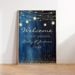 Poster Luzes de Corda Dourada Azul Marinho Casamento Bem-