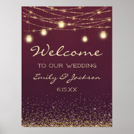 Poster Luzes de Corda Douradas Borgonha Casamento Bem-vin