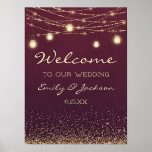 Poster Luzes de Corda Douradas Borgonha Casamento Bem-vin