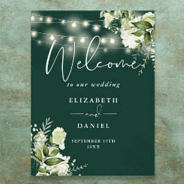 Poster Luzes de Corda Esmeralda Floral Casamento Bem-vind