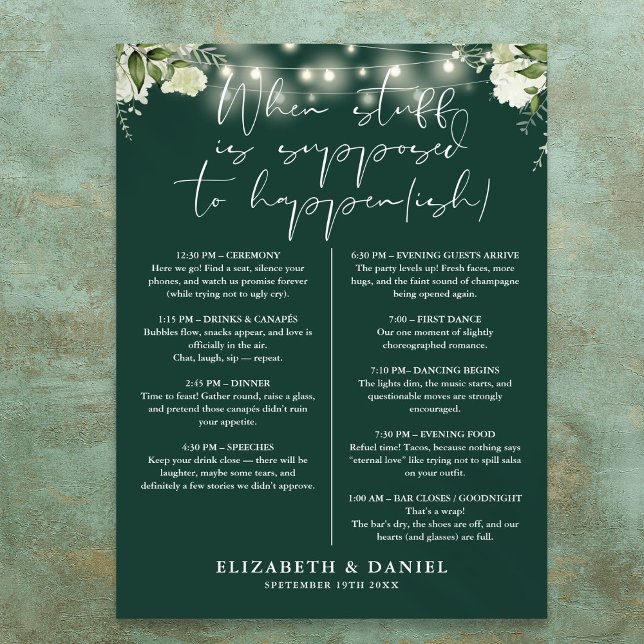 Poster Luzes de Corda Esmeralda Itinerário de Casamento F (Emerald String Lights Floral Wedding Itinerary Poster)