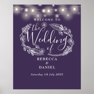 Poster Luzes de Corda Floral Roxo Sinal de Boas-Vindas Ca