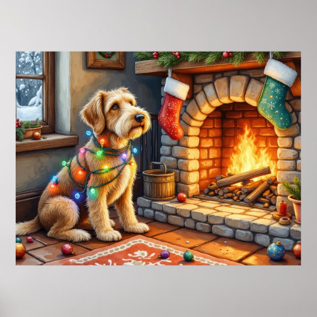 Poster Luzes de Natal da Lareira do Airedale Terrier (Frente)
