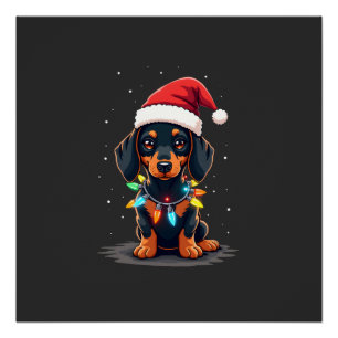 Póster Luzes de Natal Dachshund Chapéu de Papai Noel Amor