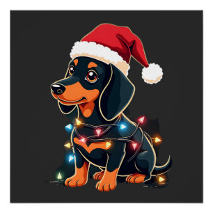 Póster Luzes de Natal Dachshund Chapéu do Papai Noel Nata