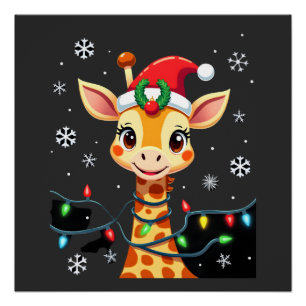 Póster Luzes de Natal de Girafa Fofa Chapéu de Papai Noel