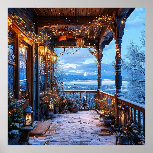 Poster Luzes de Natal na Varanda Aconchegante com Neve Ar (Frente)