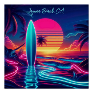 Póster Luzes de Neon do Surfboard Sunset