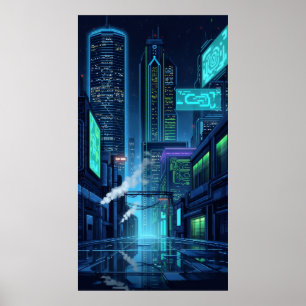 Poster luzes de neon em torre da futura cidade de pixel