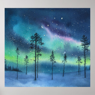 Poster Luzes de norte, paisagem de aquarela