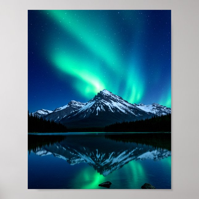 Poster Luzes nortes Sobre Montanhas Snowy (Frente)