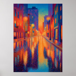 Poster Luzes Pontilhistas da Rua da Cidade Chuvosa