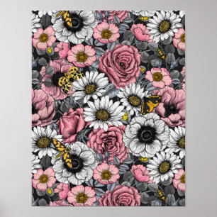 Poster Luzes sobre mistura de flores em rosa e cinzas