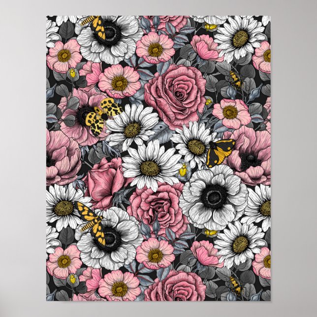 Poster Luzes sobre mistura de flores em rosa e cinzas (Frente)