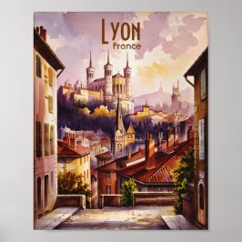 Poster Lyon França Viagem Paisagem Urbana Aquarela Vintag