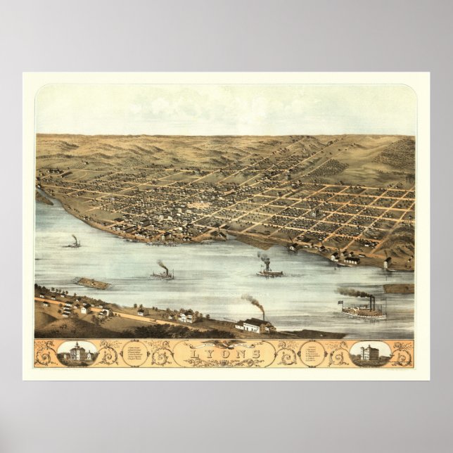 Póster Lyon, Mapa Panorâmico IA - 1868 (Frente)
