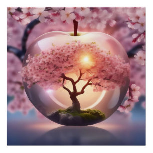 Póster Maçã Rosa Translúcida Com Cena De Árvore De Maçã,