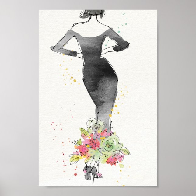 Póster Maçã Selvagem | Chic Floral Dress Sketch (Frente)