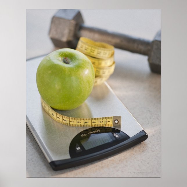 Póster Maçã verde em escala de peso, medida da fita e (Frente)