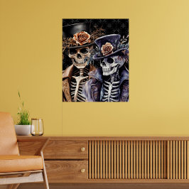 Poster Macabre Laranja & Púrpura Esqueleto de Aquarela