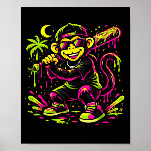 Poster Macaco Animais Engraçados Beisebol Gotejamento Cri