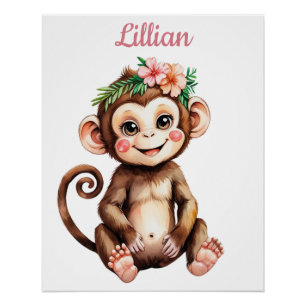 Póster Macaco-Bebê-Nursery de Nome Personalizado