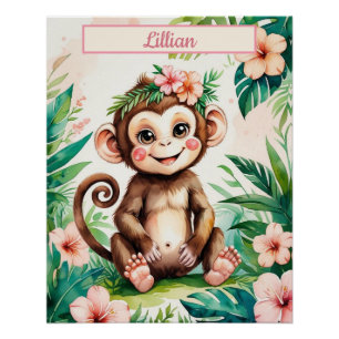 Póster Macaco-Bebê-Nursery de Nome Personalizado