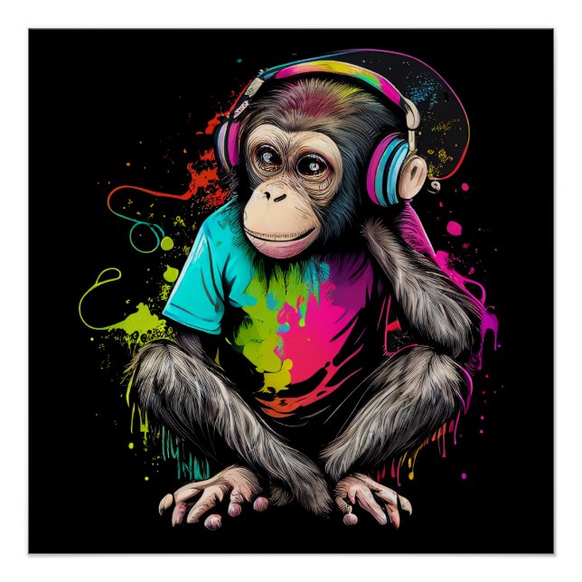 Póster Macaco Bonito Ouvindo Música, Macaco Com Música Ob (Frente)