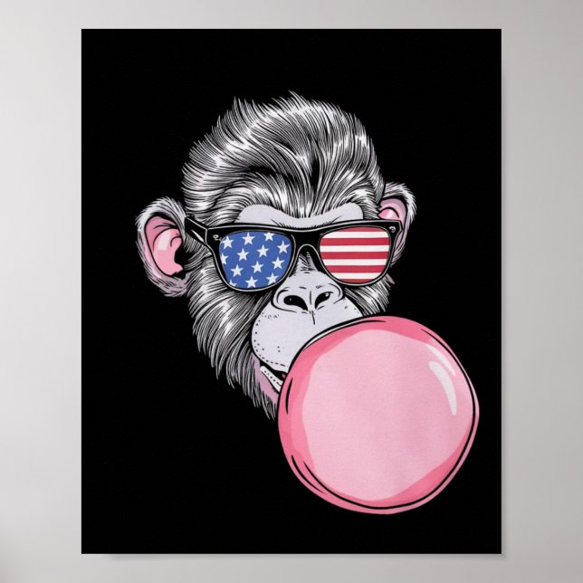 Poster Macaco Com Óculos De Sol Da Bandeira Americana Pre (Frente)