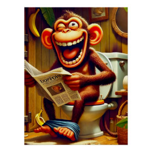 Póster Macaco de Cartoon Engraçado no Banheiro