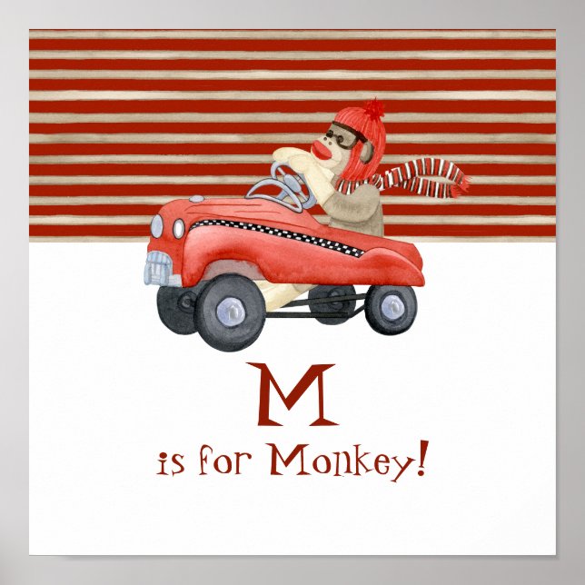 Póster Macaco de Meia Retrô c/ Carrinho de Pedal Presente (Frente)