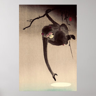 Poster Macaco e Lua Ohara Koson Início do Século XX