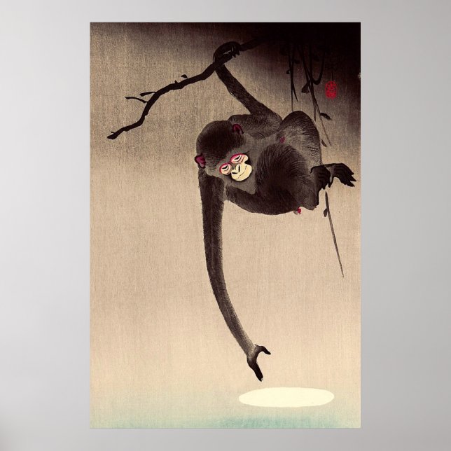 Poster Macaco e Lua Ohara Koson Início do Século XX (Frente)