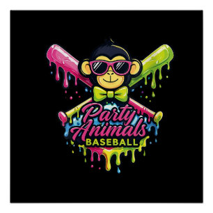 Póster Macaco engraçado de beisebol de animais da festa d