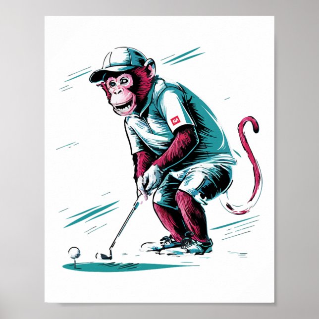Poster Macaco Engraçado Jogando Golfe, Macaco Golfer Engr (Frente)