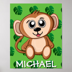 Poster Macaco Fofo de Safari Verde Cartoon Nome da Selva