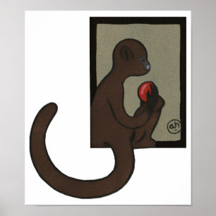 Póster Macaco - Ilustração de Livro Colorida Antiquária