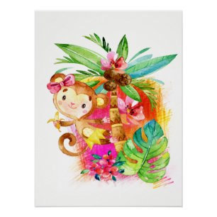 Póster Macaco Menina Fofo Subindo Árvore