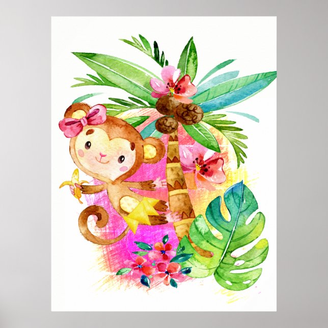 Poster Macaco Menina Fofo Subindo na Árvore (Frente)