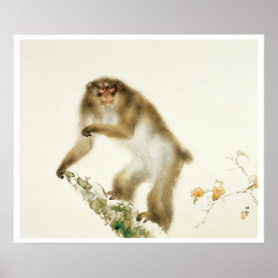 Póster Macaco velho com a cereja no outono
