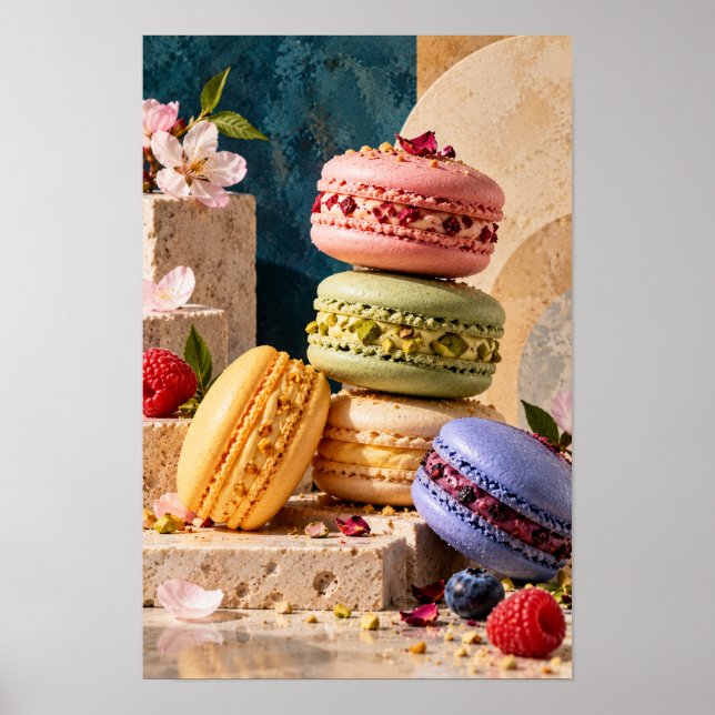 Poster Macarons Franceses Coloridos com Flores e Frutas (Frente)