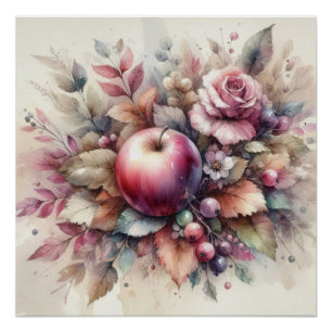 Póster Maçãs em queda de cores pastosas pintura a aquarel