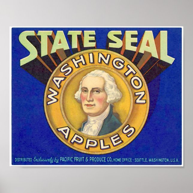 Poster Maçãs Vintage State Seal Washington Seattle Fruit (Frente)