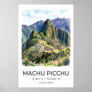 Poster Machu Picchu Art Print - Blue Misty Landscape with