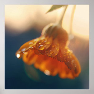 Poster Macro das gotas de flor amarela alaranjada