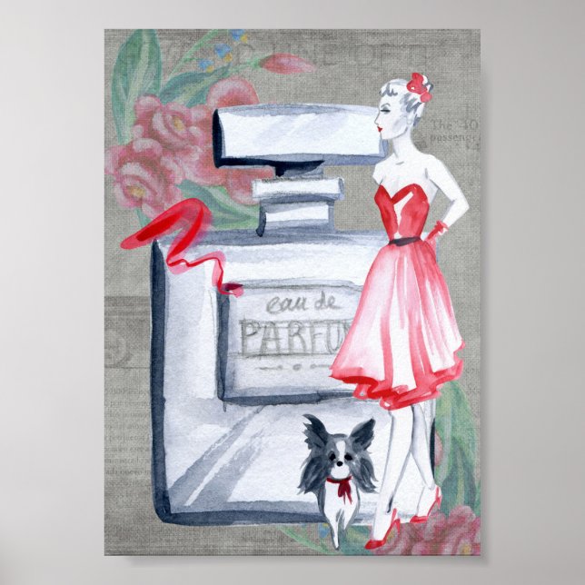 Poster Madame Francesa com frasco de perfume de cão e vin (Frente)